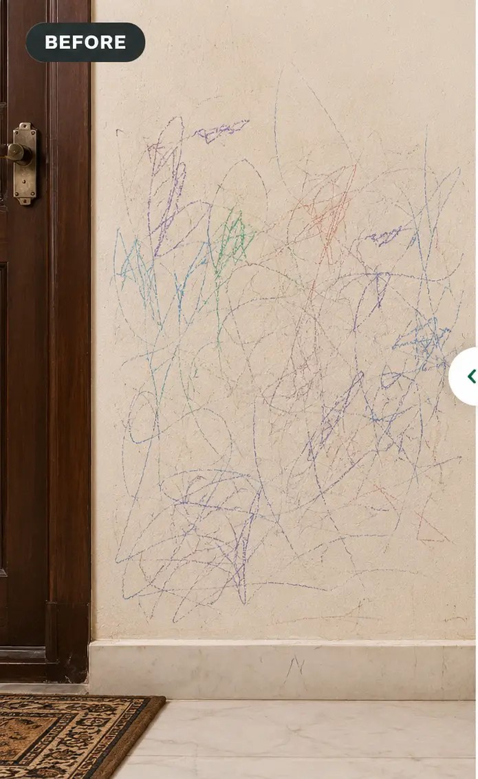 Painted wall — three years of crayon · 15 seconds before