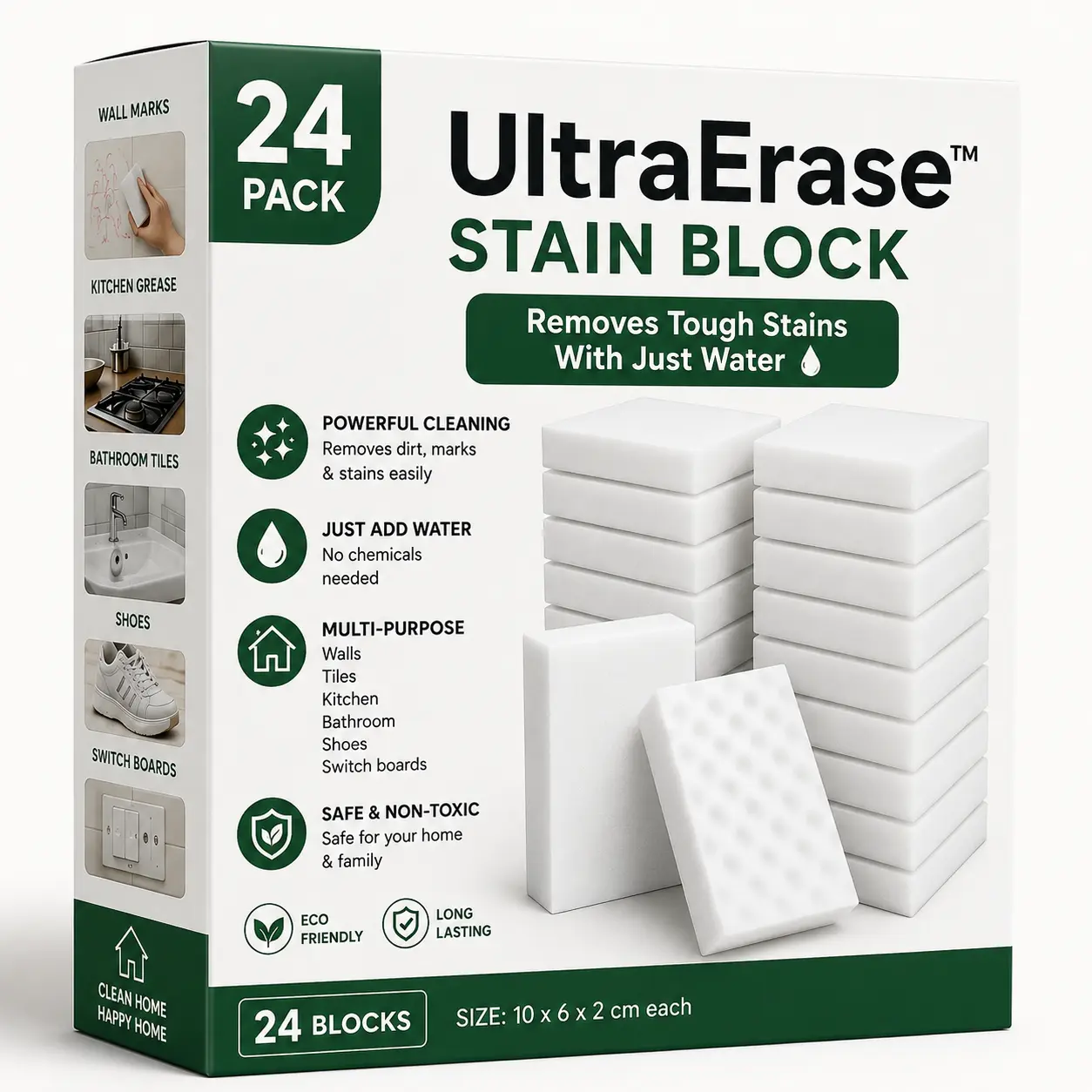 UltraErase Stain Block 24 pack box — water-activated, chemical-free, multi-surface cleaning